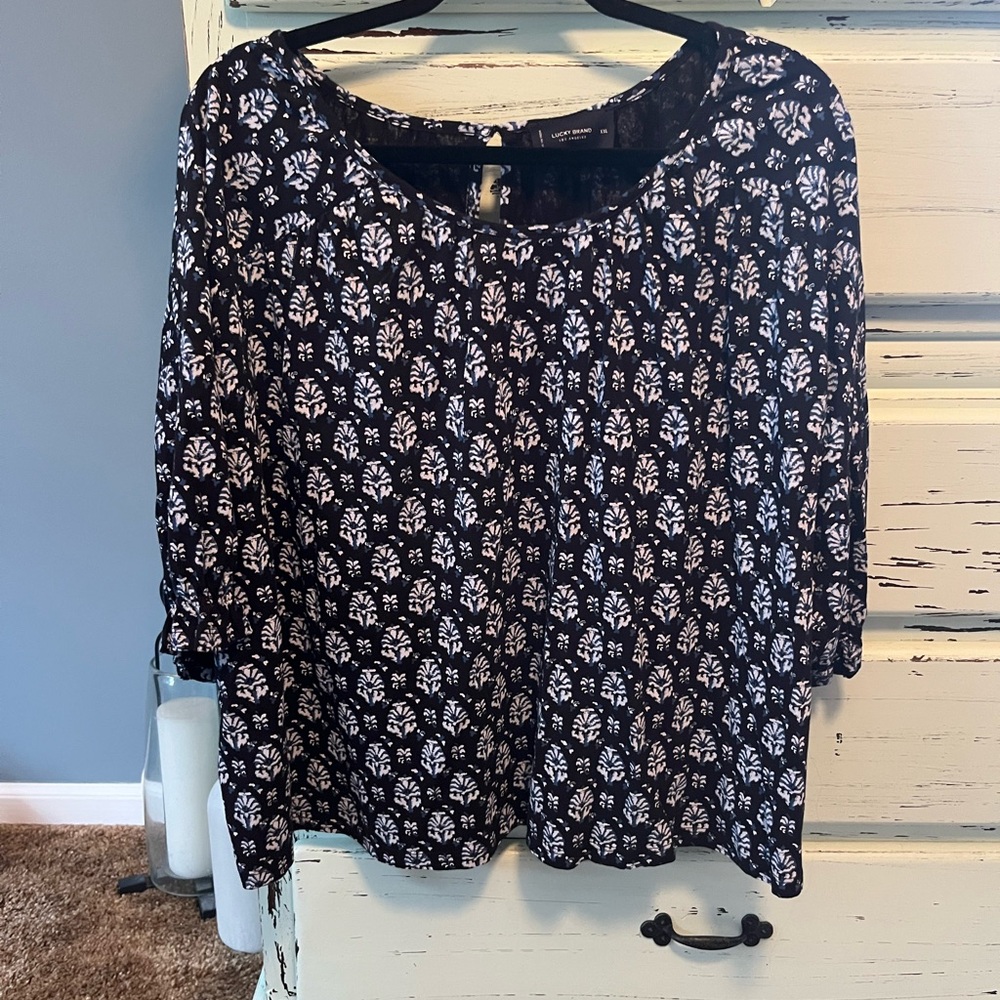 Lucky Brand Black, Blue and White Patterned Blouse